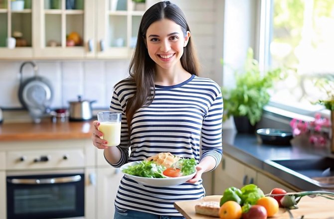 women having healthy meal in one hand and milk in other hand