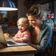 Mom and kid are together having fun watching funny videos on laptop