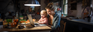 Mom and kid are together having fun watching funny videos on laptop