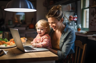 Mom and kid are together having fun watching funny videos on laptop