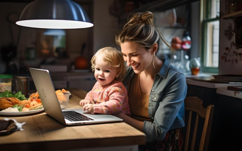 Mom and kid are together having fun watching funny videos on laptop